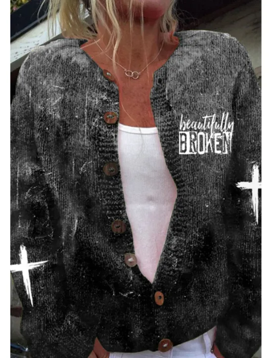 Hot Women's Sweater Cardigan Casual Letter Ribbed Crew Neck Buttons Knitted Long Sleeve Long Tops Knit Daily Going out Weekend Black White Spring Women Cardigans & Outerwears