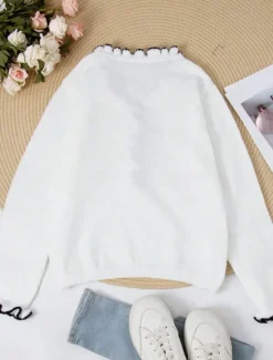 Best Women's Sweater Cardigan Casual Soft Pure Color Ribbed V Neck Ruffle Buttons Knitted Long Sleeve Regular Tops Knit Outdoor Daily Weekend Black White Fall Winter Women Cardigans & Outerwears|Pullovers & Tops