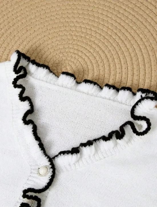 Best Women's Sweater Cardigan Casual Soft Pure Color Ribbed V Neck Ruffle Buttons Knitted Long Sleeve Regular Tops Knit Outdoor Daily Weekend Black White Fall Winter Women Cardigans & Outerwears|Pullovers & Tops