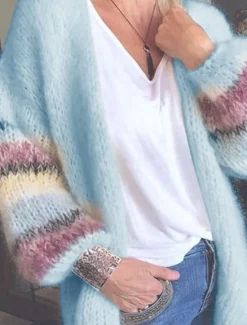 Discount Women's Sweater Cardigan Casual Soft Striped Ribbed Open Front Knitted Long Sleeve Long Tops Knit Outdoor Daily Weekend Yellow Pink Fall Winter Women Cardigans & Outerwears