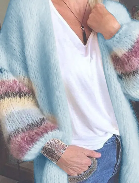 Discount Women's Sweater Cardigan Casual Soft Striped Ribbed Open Front Knitted Long Sleeve Long Tops Knit Outdoor Daily Weekend Yellow Pink Fall Winter Women Cardigans & Outerwears