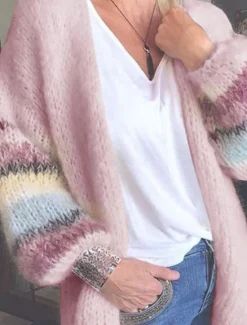 Discount Women's Sweater Cardigan Casual Soft Striped Ribbed Open Front Knitted Long Sleeve Long Tops Knit Outdoor Daily Weekend Yellow Pink Fall Winter Women Cardigans & Outerwears