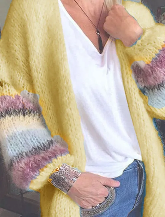 Discount Women's Sweater Cardigan Casual Soft Striped Ribbed Open Front Knitted Long Sleeve Long Tops Knit Outdoor Daily Weekend Yellow Pink Fall Winter Women Cardigans & Outerwears