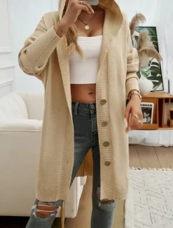 Sale Women's Sweater Cardigan Casual Soft Pure Color Ribbed Hooded Buttons Pocket Knitted Long Sleeve Long Tops Knit Outdoor Daily Weekend Black Fuchsia Fall Winter Women Cardigans & Outerwears