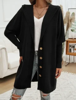Sale Women's Sweater Cardigan Casual Soft Pure Color Ribbed Hooded Buttons Pocket Knitted Long Sleeve Long Tops Knit Outdoor Daily Weekend Black Fuchsia Fall Winter Women Cardigans & Outerwears