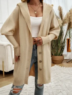 Sale Women's Sweater Cardigan Casual Soft Pure Color Ribbed Hooded Buttons Pocket Knitted Long Sleeve Long Tops Knit Outdoor Daily Weekend Black Fuchsia Fall Winter Women Cardigans & Outerwears