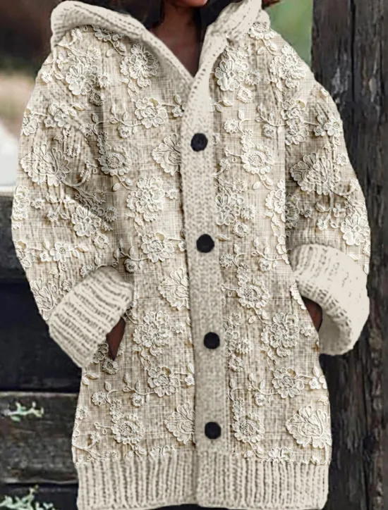 Outlet Women's Sweater Cardigan Casual Soft Floral Animal Ribbed Hooded Buttons Pocket Knitted Long Sleeve Regular Tops Knit Outdoor Daily Weekend Green Khaki Fall Winter Women Cardigans & Outerwears