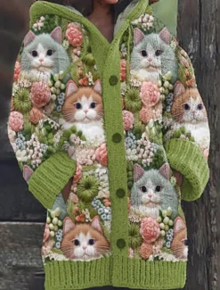 Outlet Women's Sweater Cardigan Casual Soft Floral Animal Ribbed Hooded Buttons Pocket Knitted Long Sleeve Regular Tops Knit Outdoor Daily Weekend Green Khaki Fall Winter Women Cardigans & Outerwears