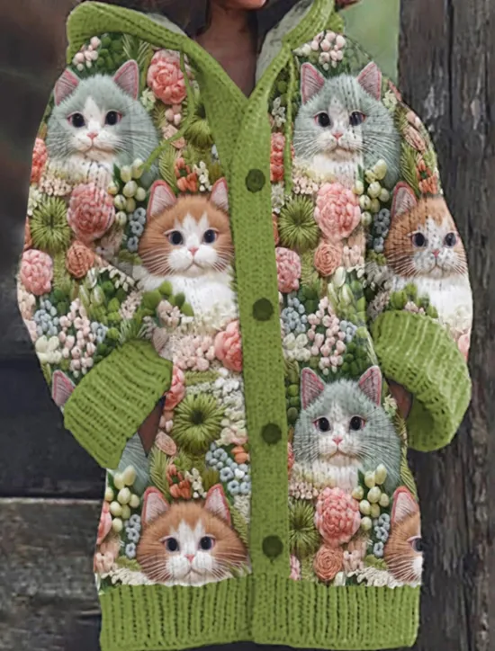 Outlet Women's Sweater Cardigan Casual Soft Floral Animal Ribbed Hooded Buttons Pocket Knitted Long Sleeve Regular Tops Knit Outdoor Daily Weekend Green Khaki Fall Winter Women Cardigans & Outerwears