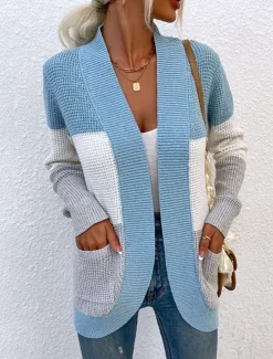 Best Women's Sweater Cardigan Casual Soft Color Block Ribbed Open Front Pocket Knitted Long Sleeve Regular Tops Knit Outdoor Daily Weekend Blue Khaki Fall Winter Women Cardigans & Outerwears