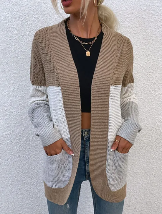 Best Women's Sweater Cardigan Casual Soft Color Block Ribbed Open Front Pocket Knitted Long Sleeve Regular Tops Knit Outdoor Daily Weekend Blue Khaki Fall Winter Women Cardigans & Outerwears