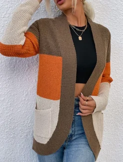 Best Women's Sweater Cardigan Casual Soft Color Block Ribbed Open Front Pocket Knitted Long Sleeve Regular Tops Knit Outdoor Daily Weekend Blue Khaki Fall Winter Women Cardigans & Outerwears