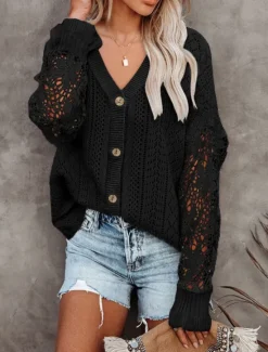 New Women's Sweater Cardigan Casual Soft Pure Color Ribbed V Neck Buttons Knitted Hole Long Sleeve Regular Tops Knit Outdoor Daily Weekend Black White Fall Winter Women Cardigans & Outerwears