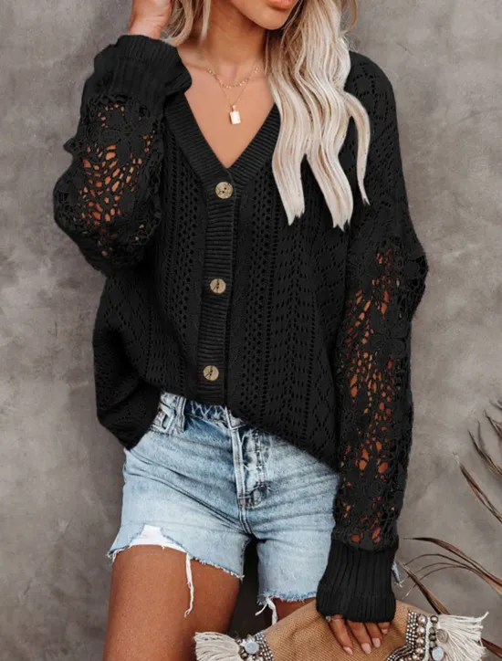 New Women's Sweater Cardigan Casual Soft Pure Color Ribbed V Neck Buttons Knitted Hole Long Sleeve Regular Tops Knit Outdoor Daily Weekend Black White Fall Winter Women Cardigans & Outerwears