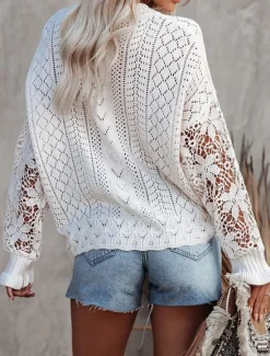 New Women's Sweater Cardigan Casual Soft Pure Color Ribbed V Neck Buttons Knitted Hole Long Sleeve Regular Tops Knit Outdoor Daily Weekend Black White Fall Winter Women Cardigans & Outerwears