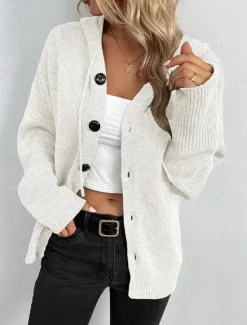 Outlet Women's Sweater Cardigan Casual Soft Pure Color Ribbed Hooded Buttons Knitted Long Sleeve Regular Tops Knit Outdoor Daily Weekend Black White Fall Winter Women Cardigans & Outerwears