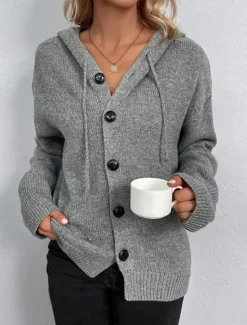 Outlet Women's Sweater Cardigan Casual Soft Pure Color Ribbed Hooded Buttons Knitted Long Sleeve Regular Tops Knit Outdoor Daily Weekend Black White Fall Winter Women Cardigans & Outerwears
