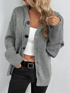 Outlet Women's Sweater Cardigan Casual Soft Pure Color Ribbed Hooded Buttons Knitted Long Sleeve Regular Tops Knit Outdoor Daily Weekend Black White Fall Winter Women Cardigans & Outerwears