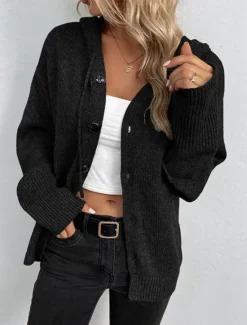 Outlet Women's Sweater Cardigan Casual Soft Pure Color Ribbed Hooded Buttons Knitted Long Sleeve Regular Tops Knit Outdoor Daily Weekend Black White Fall Winter Women Cardigans & Outerwears