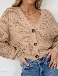 Outlet Women's Sweater Cardigan Casual Soft Pure Color Ribbed V Neck Buttons Knitted Long Sleeve Regular Tops Knit Outdoor Daily Weekend Black Khaki Fall Winter Women Cardigans & Outerwears|Pullovers & Tops