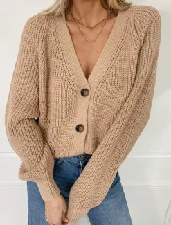 Outlet Women's Sweater Cardigan Casual Soft Pure Color Ribbed V Neck Buttons Knitted Long Sleeve Regular Tops Knit Outdoor Daily Weekend Black Khaki Fall Winter Women Cardigans & Outerwears|Pullovers & Tops