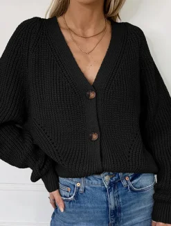 Outlet Women's Sweater Cardigan Casual Soft Pure Color Ribbed V Neck Buttons Knitted Long Sleeve Regular Tops Knit Outdoor Daily Weekend Black Khaki Fall Winter Women Cardigans & Outerwears|Pullovers & Tops