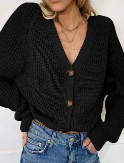 Outlet Women's Sweater Cardigan Casual Soft Pure Color Ribbed V Neck Buttons Knitted Long Sleeve Regular Tops Knit Outdoor Daily Weekend Black Khaki Fall Winter Women Cardigans & Outerwears|Pullovers & Tops