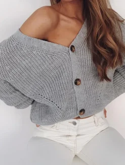 Outlet Women's Sweater Cardigan Casual Soft Pure Color Ribbed V Neck Buttons Knitted Long Sleeve Regular Tops Knit Outdoor Daily Weekend Black Khaki Fall Winter Women Cardigans & Outerwears|Pullovers & Tops