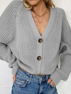 Outlet Women's Sweater Cardigan Casual Soft Pure Color Ribbed V Neck Buttons Knitted Long Sleeve Regular Tops Knit Outdoor Daily Weekend Black Khaki Fall Winter Women Cardigans & Outerwears|Pullovers & Tops