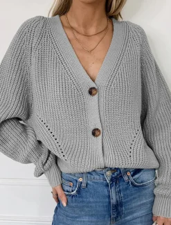 Outlet Women's Sweater Cardigan Casual Soft Pure Color Ribbed V Neck Buttons Knitted Long Sleeve Regular Tops Knit Outdoor Daily Weekend Black Khaki Fall Winter Women Cardigans & Outerwears|Pullovers & Tops