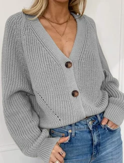 Outlet Women's Sweater Cardigan Casual Soft Pure Color Ribbed V Neck Buttons Knitted Long Sleeve Regular Tops Knit Outdoor Daily Weekend Black Khaki Fall Winter Women Cardigans & Outerwears|Pullovers & Tops