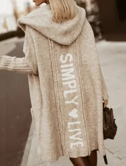 Online Women's Sweater Cardigan Casual Soft Letter Ribbed V Neck Pocket Knitted Long Sleeve Long Tops Knit Outdoor Daily Weekend White Camel Fall Winter Women Cardigans & Outerwears