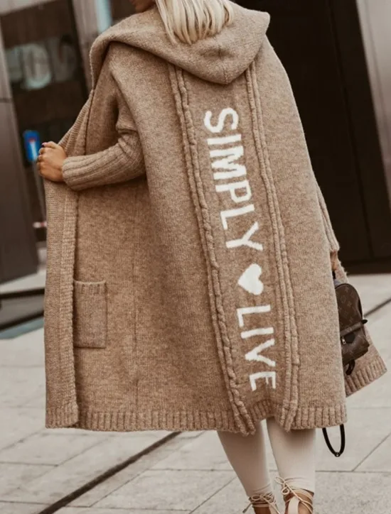 Online Women's Sweater Cardigan Casual Soft Letter Ribbed V Neck Pocket Knitted Long Sleeve Long Tops Knit Outdoor Daily Weekend White Camel Fall Winter Women Cardigans & Outerwears
