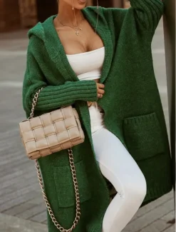 Online Women's Sweater Cardigan Casual Soft Letter Ribbed V Neck Pocket Knitted Long Sleeve Long Tops Knit Outdoor Daily Weekend White Camel Fall Winter Women Cardigans & Outerwears