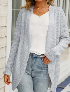 Women's Sweater Cardigan Daily Casual Solid Color Open Front Knitted Long Sleeve Long Tops Knit Home Work Khaki Light Grey Fall Winter Women Cardigans & Outerwears