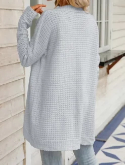 Women's Sweater Cardigan Daily Casual Solid Color Open Front Knitted Long Sleeve Long Tops Knit Home Work Khaki Light Grey Fall Winter Women Cardigans & Outerwears