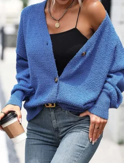New Women's Sweater Cardigan Daily Casual Solid Color Shirt Collar Knitted Textured Long Sleeve Regular Tops Knit Home Work White Red Fall Winter Women Cardigans & Outerwears