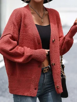 New Women's Sweater Cardigan Daily Casual Solid Color Shirt Collar Knitted Textured Long Sleeve Regular Tops Knit Home Work White Red Fall Winter Women Cardigans & Outerwears