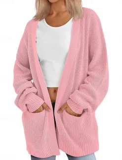 Discount Women's Sweater Cardigan Elegant Fashion Streetwear Pure Color Open Front Pocket Knitted Long Sleeve Regular Tops Knit Outdoor Daily Weekend Pink Brown Fall Winter Women Cardigans & Outerwears|Jackets