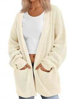 Discount Women's Sweater Cardigan Elegant Fashion Streetwear Pure Color Open Front Pocket Knitted Long Sleeve Regular Tops Knit Outdoor Daily Weekend Pink Brown Fall Winter Women Cardigans & Outerwears|Jackets