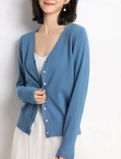 Women's Sweater Cardigan Elegant Fashion Streetwear Pure Color V Neck Pocket Knitted Long Sleeve Regular Tops Knit Outdoor Daily Weekend Black White Fall Winter Women Cardigans & Outerwears