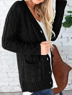 Best Women's Sweater Cardigan Elegant Fashion Streetwear Solid Color V Neck Pocket Knitted Long Sleeve Regular Tops Knit Outdoor Daily Weekend Black White Fall Winter Women Cardigans & Outerwears