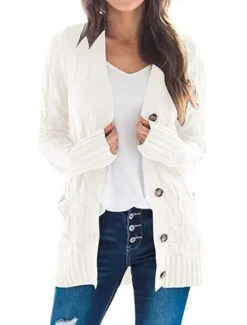 Best Women's Sweater Cardigan Elegant Fashion Streetwear Solid Color V Neck Pocket Knitted Long Sleeve Regular Tops Knit Outdoor Daily Weekend Black White Fall Winter Women Cardigans & Outerwears