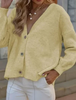 Sale Women's Sweater Cardigan Elegant Fashion Streetwear Pure Color V Neck Buttons Knitted Long Sleeve Regular Tops Knit Outdoor Daily Holiday Yellow Pink Fall Winter Women Cardigans & Outerwears