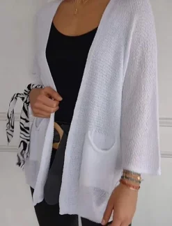Outlet Women's Sweater Cardigan Elegant Fashion Streetwear Pure Color V Neck Pocket Knitted Long Sleeve Regular Tops Knit Outdoor Daily Weekend Black White Fall Winter Women Cardigans & Outerwears