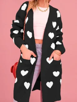 New Women's Sweater Cardigan Elegant Fashion Streetwear Heart Open Front Pocket Knitted Long Sleeve Regular Tops Knit Outdoor Daily Weekend Black Pink Fall Winter Women Jackets|Cardigans & Outerwears