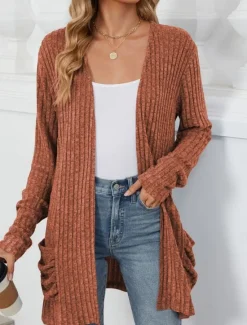 Online Women's Sweater Cardigan Elegant Fashion Streetwear Pure Color Open Front Pocket Knitted Long Sleeve Regular Tops Knit Outdoor Daily Weekend Pink Blue Fall Winter Women Cardigans & Outerwears