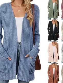 Online Women's Sweater Cardigan Elegant Fashion Streetwear Pure Color Open Front Pocket Knitted Long Sleeve Regular Tops Knit Outdoor Daily Weekend Pink Blue Fall Winter Women Cardigans & Outerwears