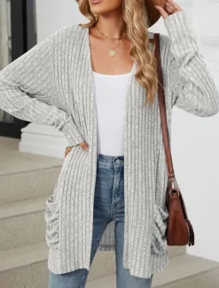 Online Women's Sweater Cardigan Elegant Fashion Streetwear Pure Color Open Front Pocket Knitted Long Sleeve Regular Tops Knit Outdoor Daily Weekend Pink Blue Fall Winter Women Cardigans & Outerwears