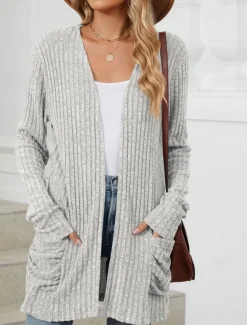 Online Women's Sweater Cardigan Elegant Fashion Streetwear Pure Color Open Front Pocket Knitted Long Sleeve Regular Tops Knit Outdoor Daily Weekend Pink Blue Fall Winter Women Cardigans & Outerwears